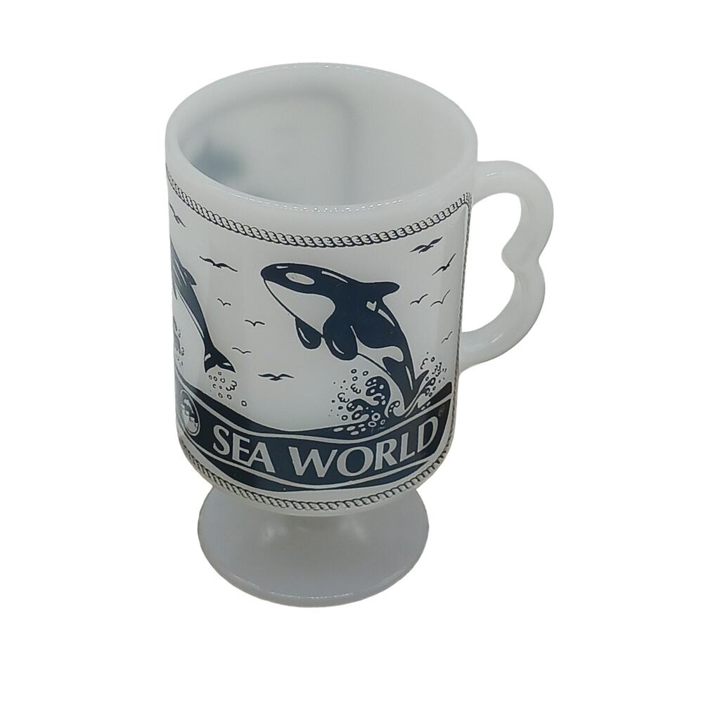 Vintage Milk Glass Sea World Footed Coffee Mug Cup Whale Dolphin Black USA